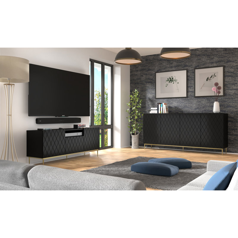 Amsha Unfinished TV Stand for TVs up to 60", Black Matt/Gold