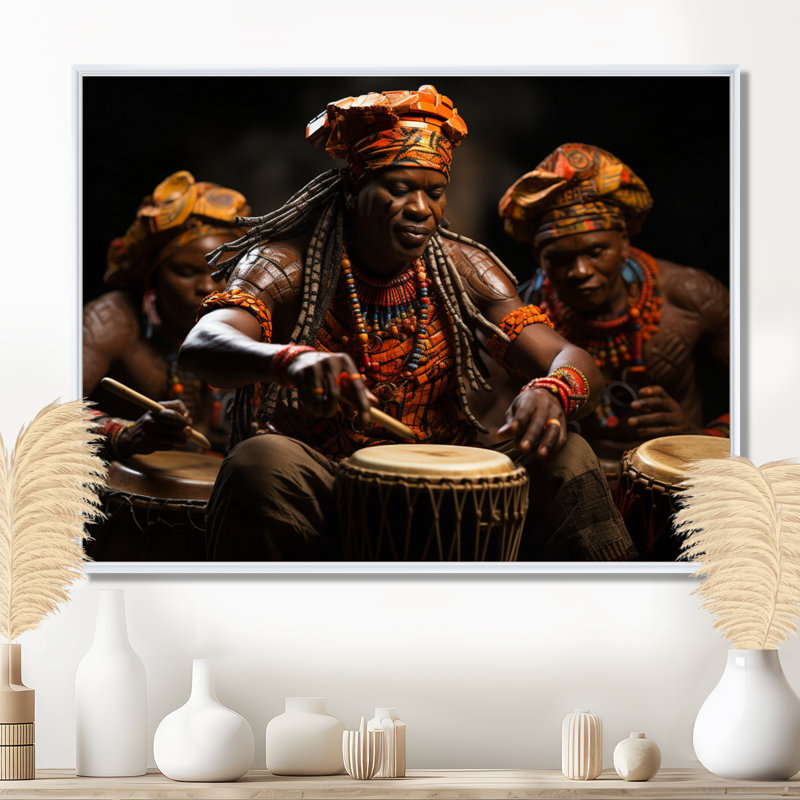Tambour africain rythmique II - art mural africain, H 24 po x l 32 po x P 1 po, Cadre flottant blanc