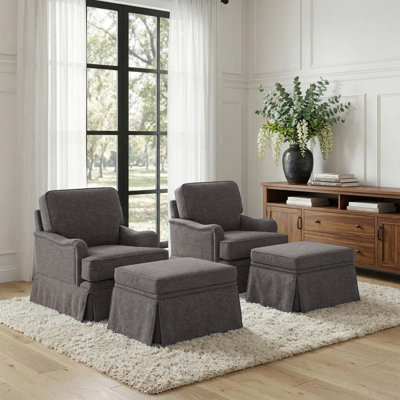 Upholstered Tan Skirted Swivel Accent Arm Chair with Storage Ottoman (Set of 2)