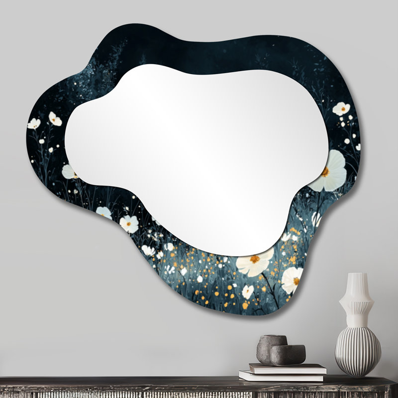 White Wildflowers Mid Night Meadow - miroir mural asymétrique Wildflowers, miroir de coiffeuse traditionnel, imprimé sur métal
