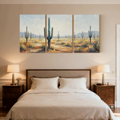 Plantes et fleurs, paysage désertique avec cactus et montagnes, ensemble de 3 impressions sur toile
