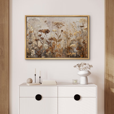 Neutral Toned Dried Wildflowers Field - Pictures Extra Large Framed Canvas Print Wall Art