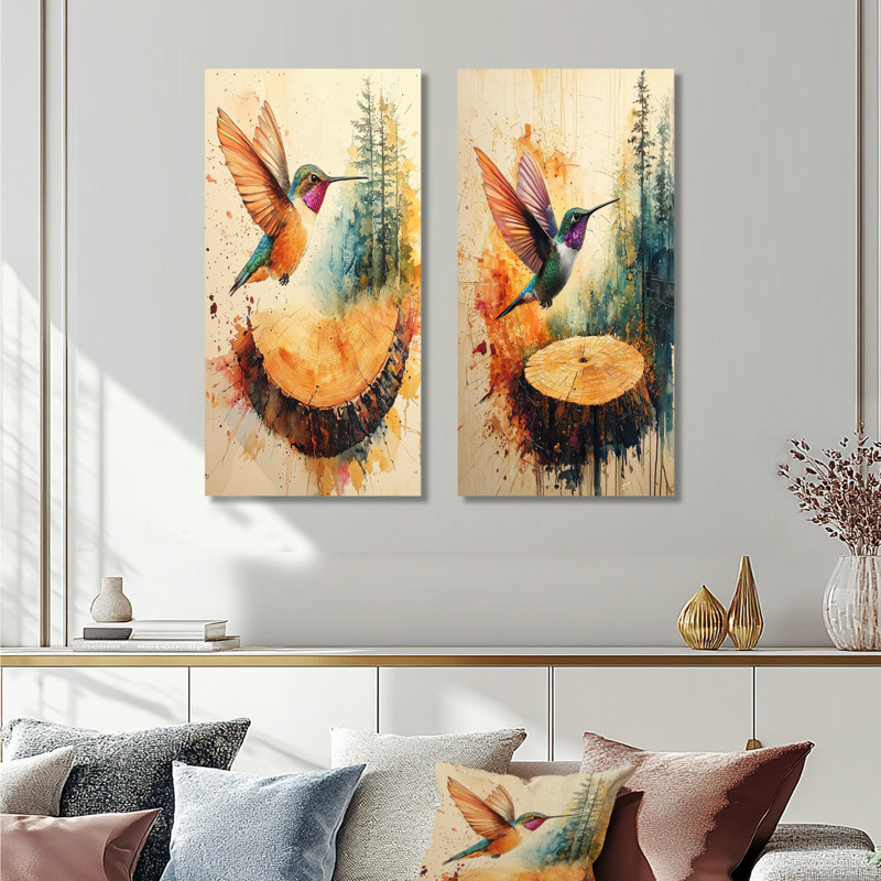 Ensemble de 2 décorations murales en métal Hummingbird into the Wood Slide II - Birds, 32" H x 32" W