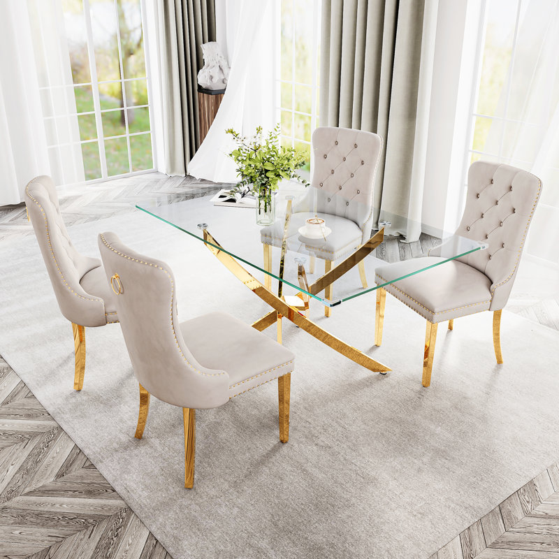 Modern Stainless Metal Base And Rectangle Glass Dining Table Set With Luxury Velvet Dining Chairs, 7 Pieces: Table, 6 Chairs