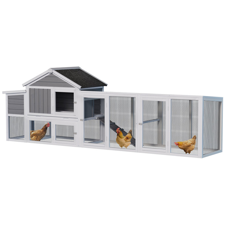 Grand poulailler en bois gris de 113,5 po avec enclos extérieur, panneau anti-UV imperméable, nichoir et plateau amovible pour 2 à 4 poules