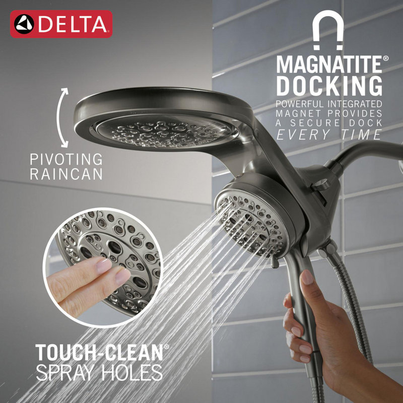 6-Setting HydroRain 2-in-1 Dual Shower Head with ProClean Spray, 2.5 GPM, Lumicoat  Black Stainless