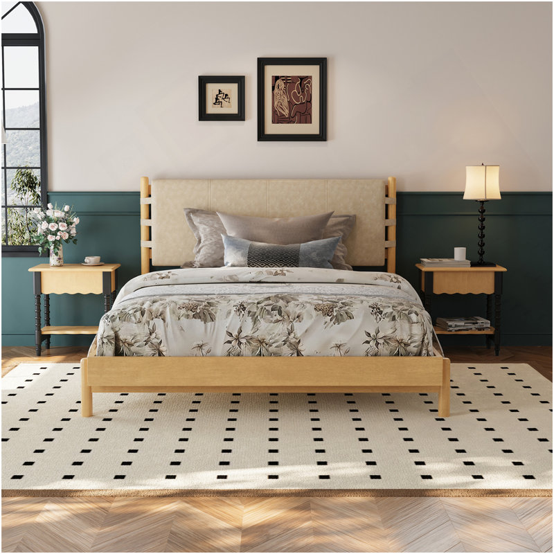 Cadre de lit plateforme en bois d'hévéa de qualité supérieure, cadre de lit grand avec tête de lit inclus, lit Mid-Century moderne de couleur beige