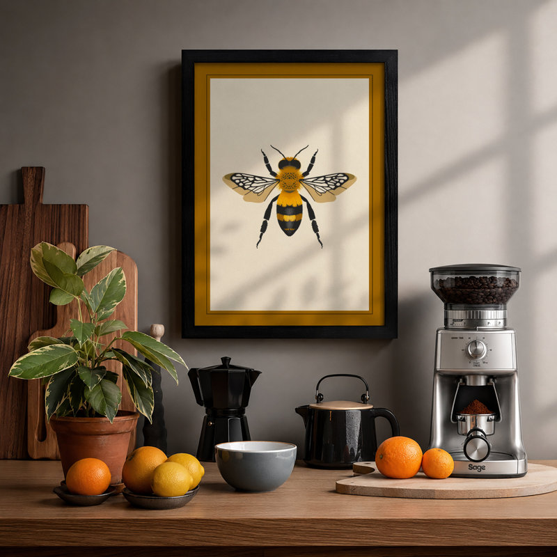 Detailed Bee Study Botanical - Framed Print, A2 - 59.4 x 42.0 cm, Black