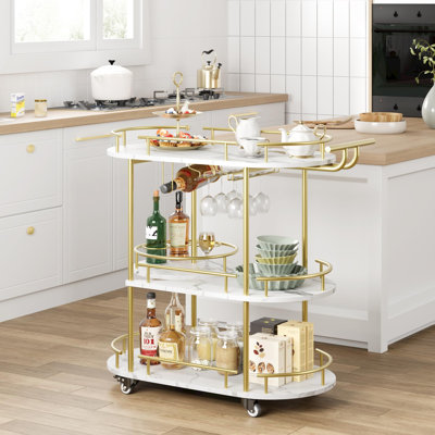 Gold Bar Cart With 3 Tiers, Wine Rack, And Glass Holder - Mobile Serving Cart For Kitchen, Living Room