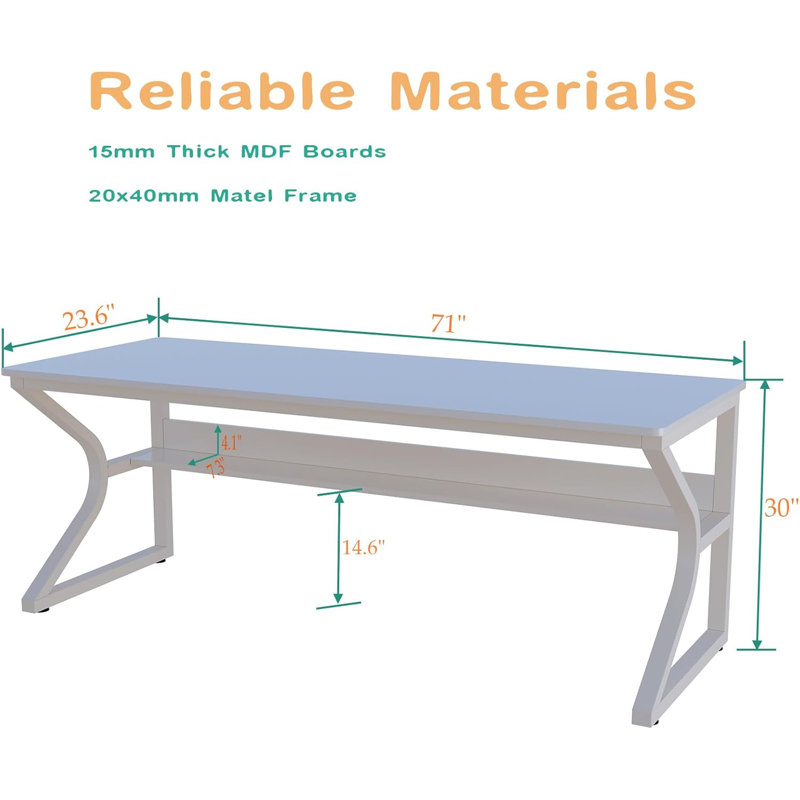 Warm White Extra Long Desk with Bookshelf and Metal Frame