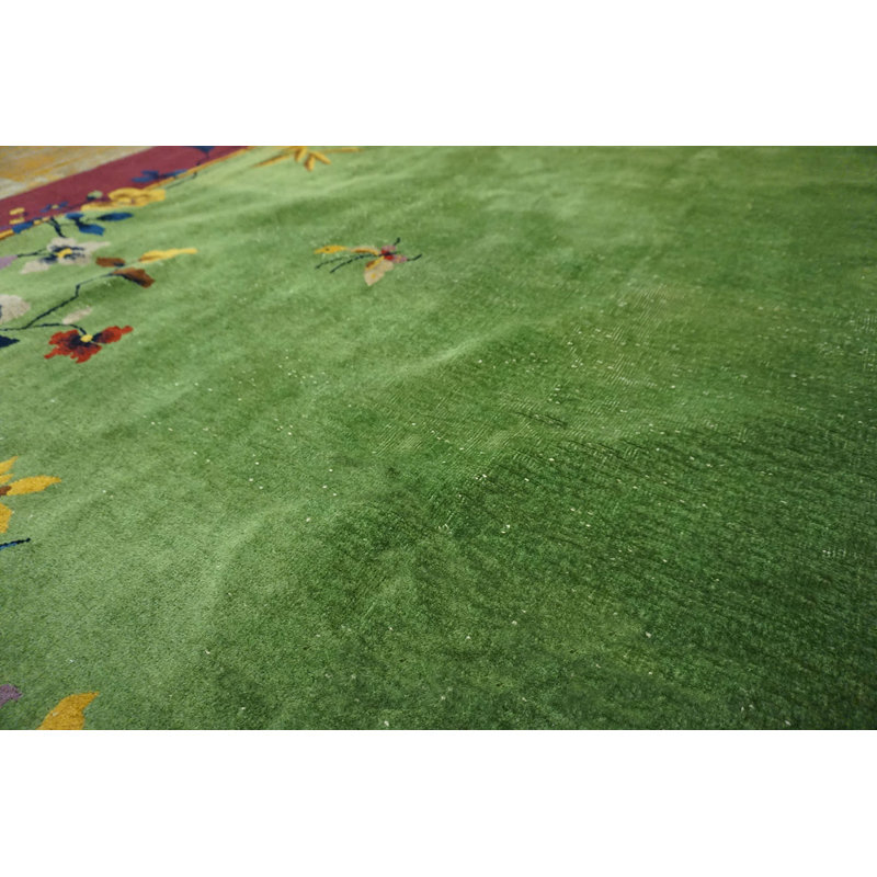 Chinese Rectangle Wool Knotted Green - Art Deco Antique Room Size 1920s Rug