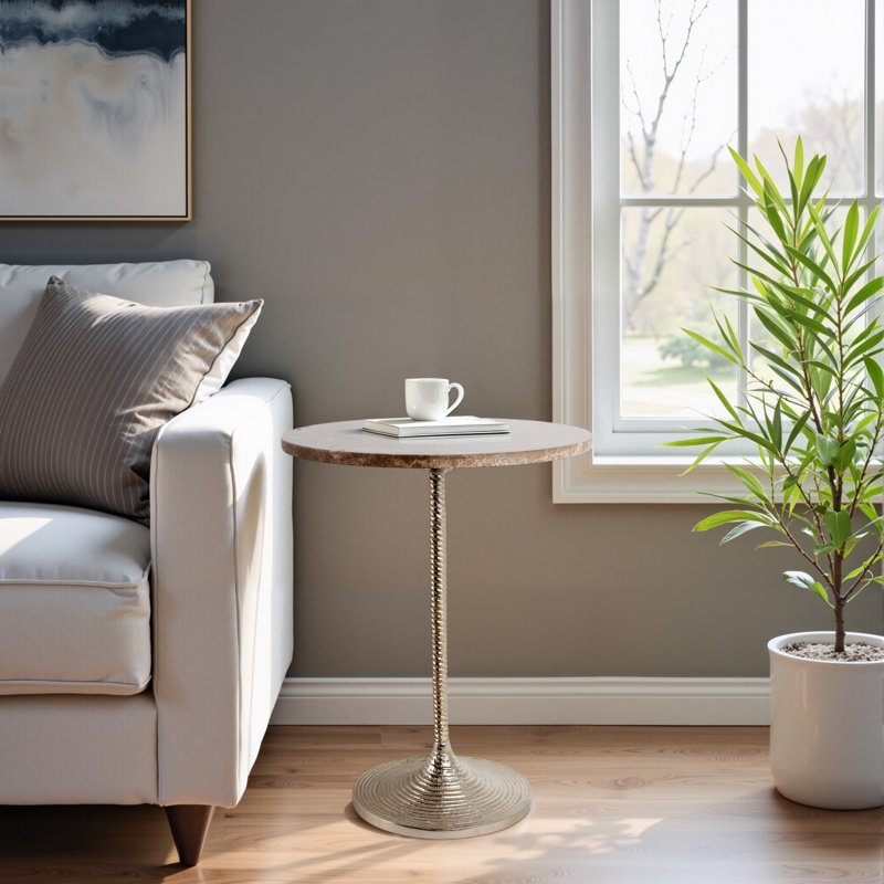 Modern Glam Metal And Marble Accent Table With Sleek Round Top And Textured Pedestal Base, Tan