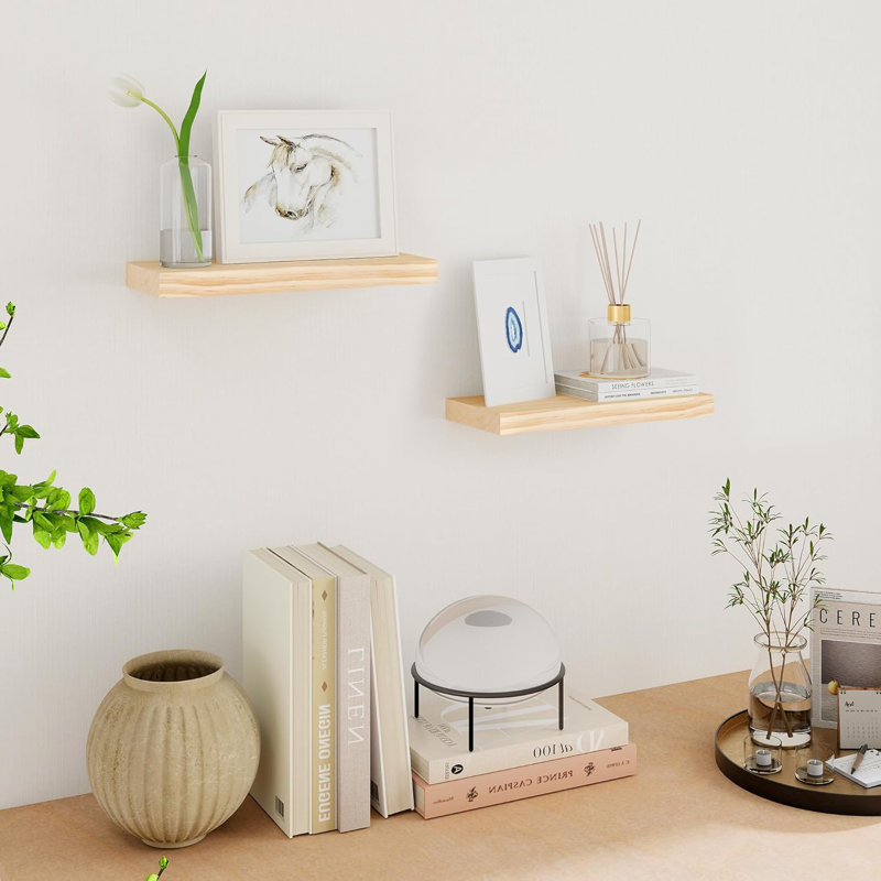 Rustic Solid Pine Wood Floating Shelves, Wall-Mounted Shelf Set Of 2 For Storage And Decor, 16"W X 7"D, Natural Unfinished