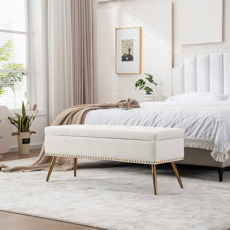 Velvet Storage Bench with Gold Legs Nailhead Trim, Upholstered Bedroom Bench for End of Bed, Ivory, 18" H x 46" W x 15.5" D