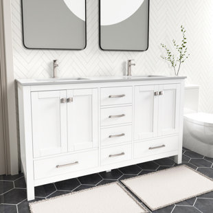 Home Decorators Collection Doveton 60 in. W x 19 in. D x 34 in. H Double Sink Bath Vanity in Weathered Tan with White Engineered Marble Top