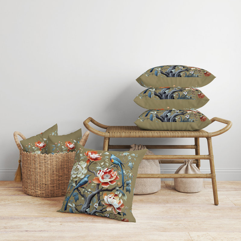 Botanical Bird Reversible Square Throw Pillow in Blue and Orange