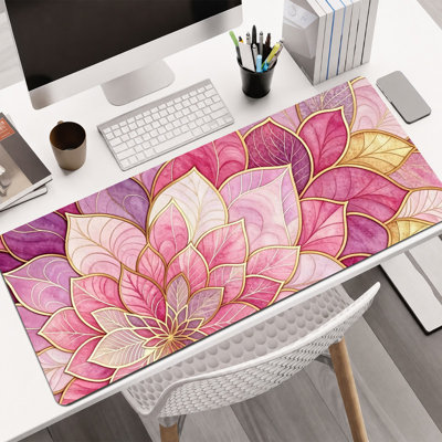  Rubber Mouse Pad, Smooth Microfiber Surface, Non-Slip Base, Rounded Edge Decorative Mouse Mat for Office & Gaming,17×47 Inch ,Pink Gold Leaf Mandala