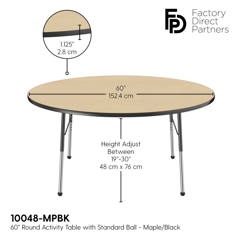 Table ronde à hauteur réglable, H 24 po x L 60 po x l 60 po, Érable / noir, Standard Ball Glide
