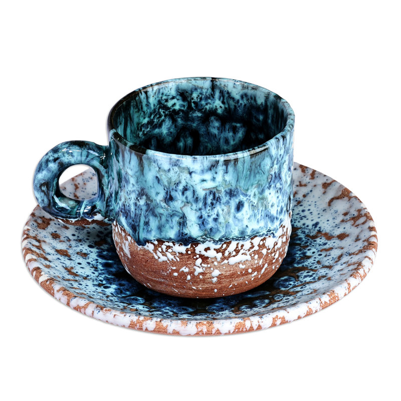 Orren Ellis Handmade Blue Coffee Breeze Ceramic Cup And Saucer