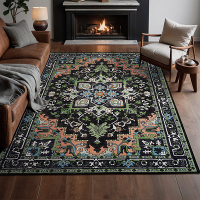 5'X7' Machine Washable Vintage Boho Area Rugs Non-Slip Low Pile Carpets Dark Green