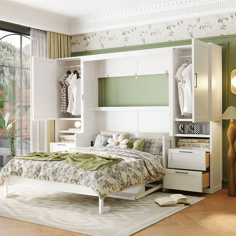 Grand lit escamotable mural avec placard, tiroirs et tablettes, blanc, White