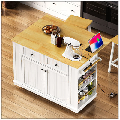 Kitchen Island With 2 Bar Stools, Power Outlet, Door Internal Storage, And 5 Wheels, Ideal For Modern Kitchens And Enhanced Storage