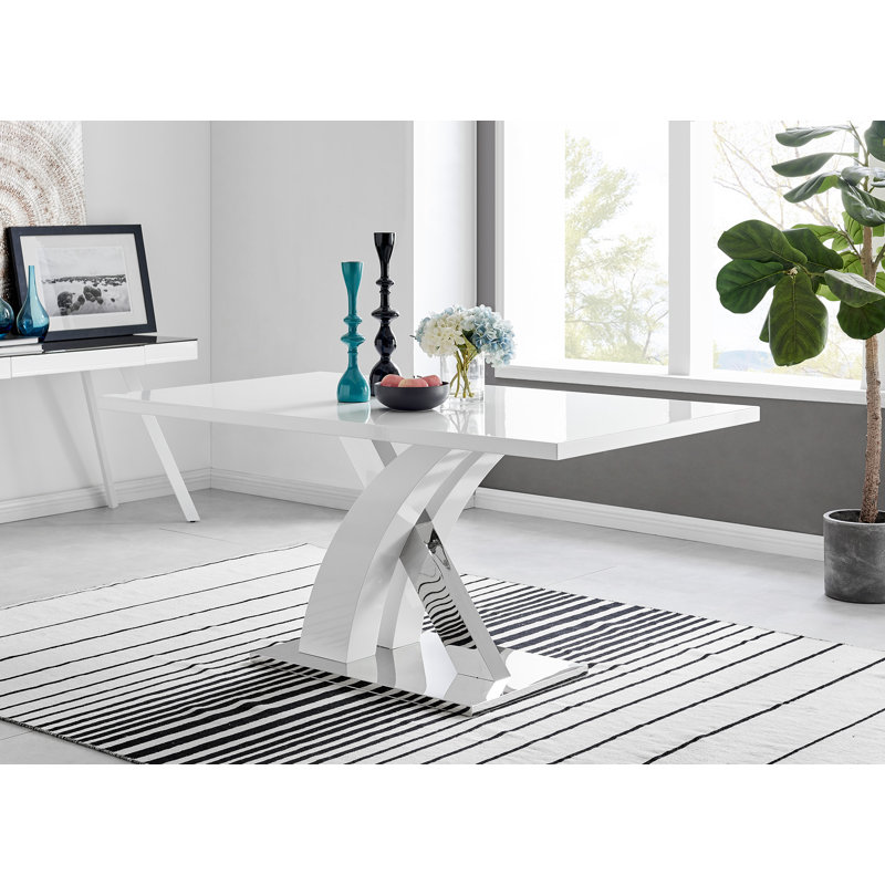East Urban Home Edzard Chrome White High Gloss Dining Table Set