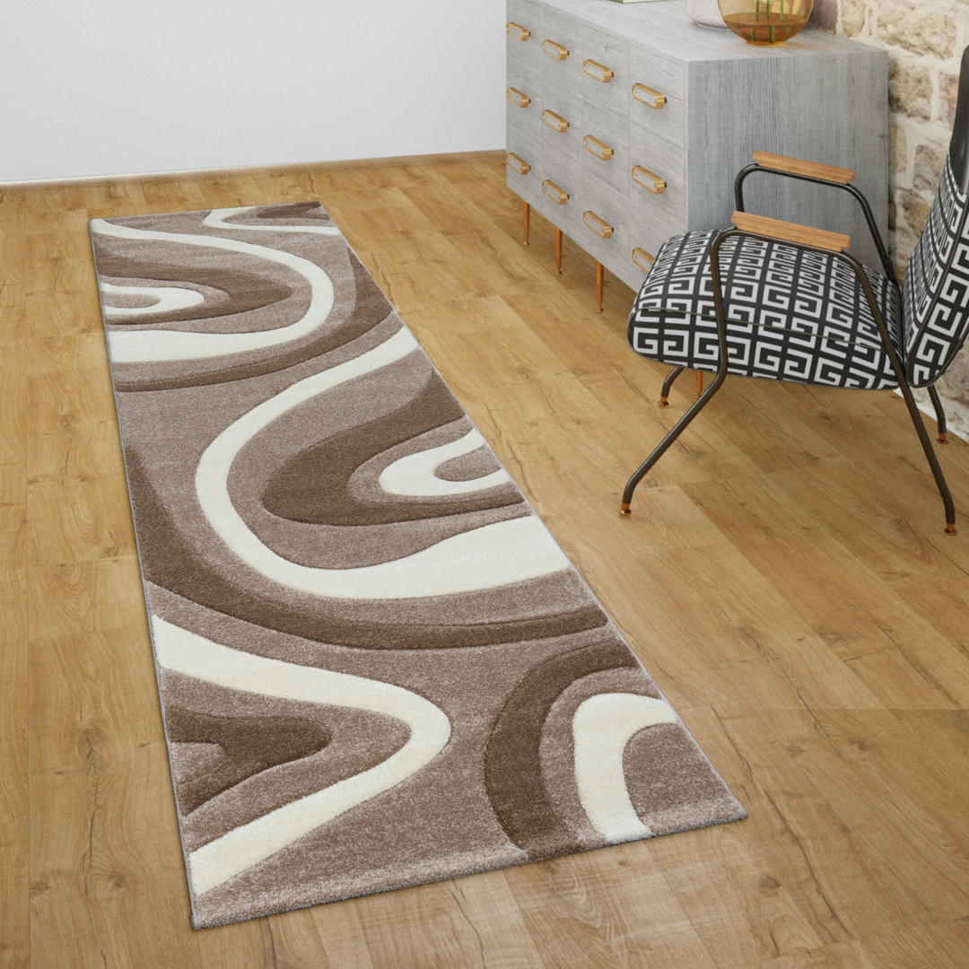 Teppich Wohnzimmer Kurzflor Modernes Abstraktes Wellenmuster 3D Optik Beige Braun