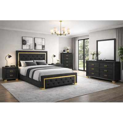 Ensemble de chambre à coucher de luxe à panneau tapissier avec tissu touffeté noir