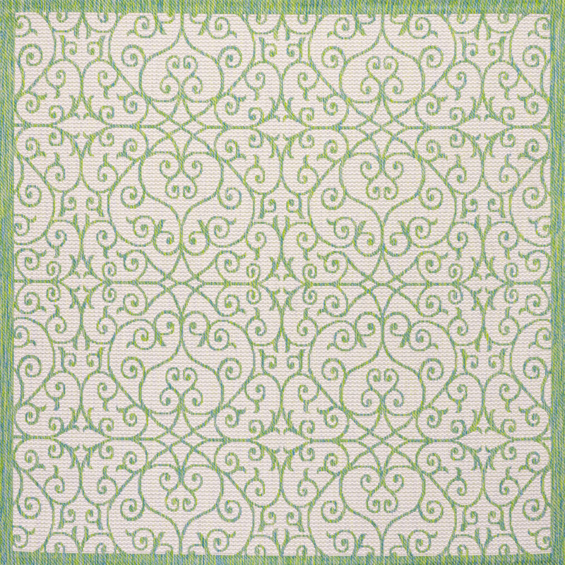 Deronte Vintage Filigree Textured Weave Cream/Green Indoor/Outdoor Rug, Square 5'3"