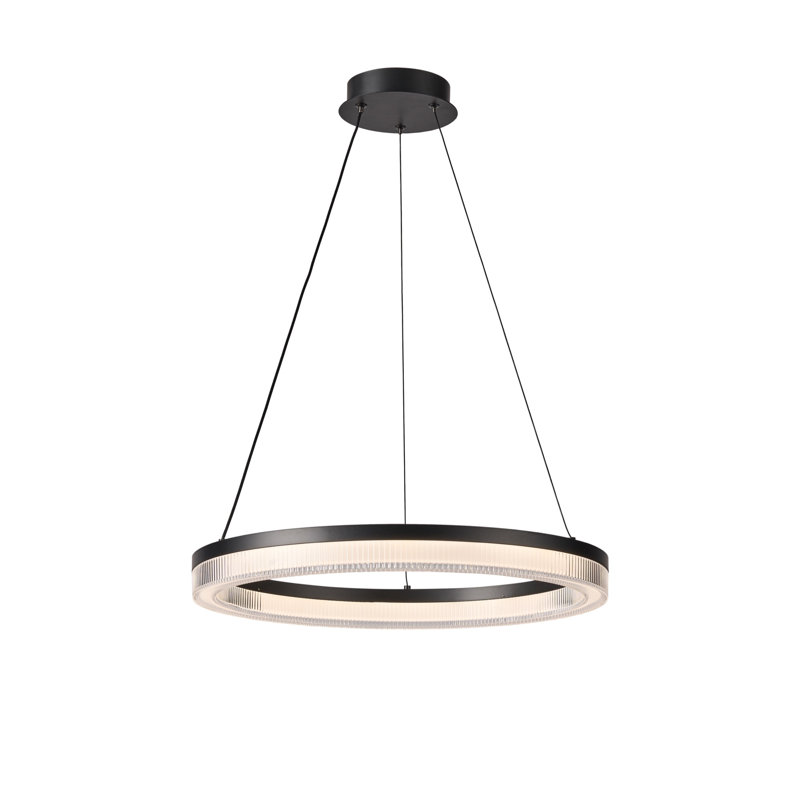 Granados - Luminaire suspendu à DEL intégré - Finition noire - Abat-jour diffuseur côtelé transparent, L 19,7 po