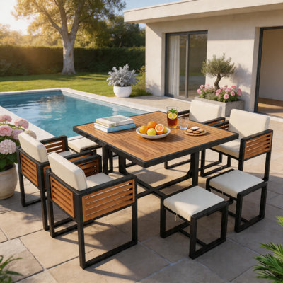 9 Pcs Acacia Wood Patio Dining Set, 4 Armchairs, 4 Ottomans And 45" Table with Removable Cushions