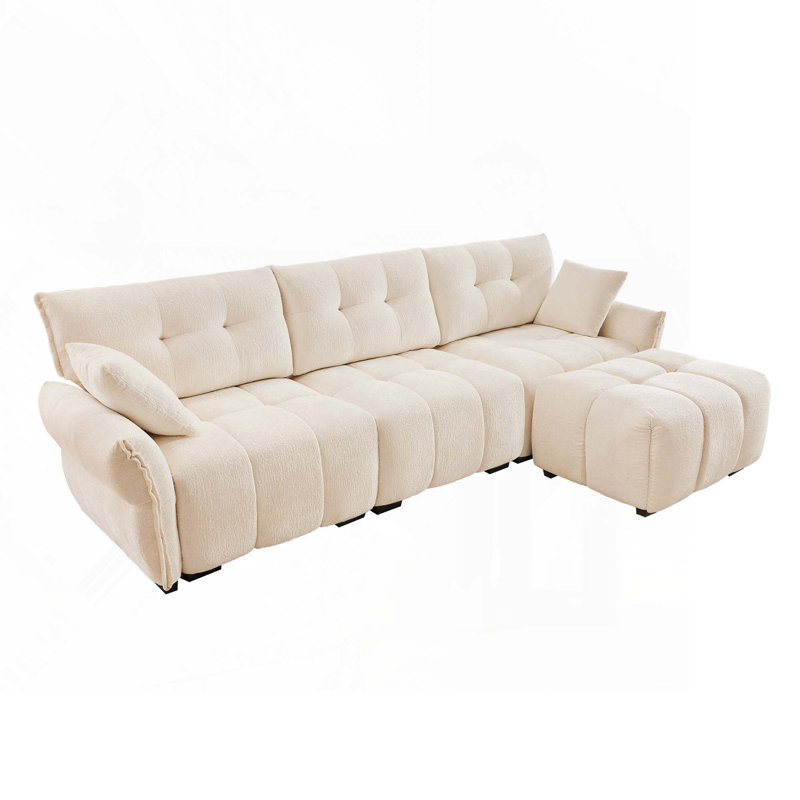Canapé 3 places avec repose-pieds Chenille, Blanc