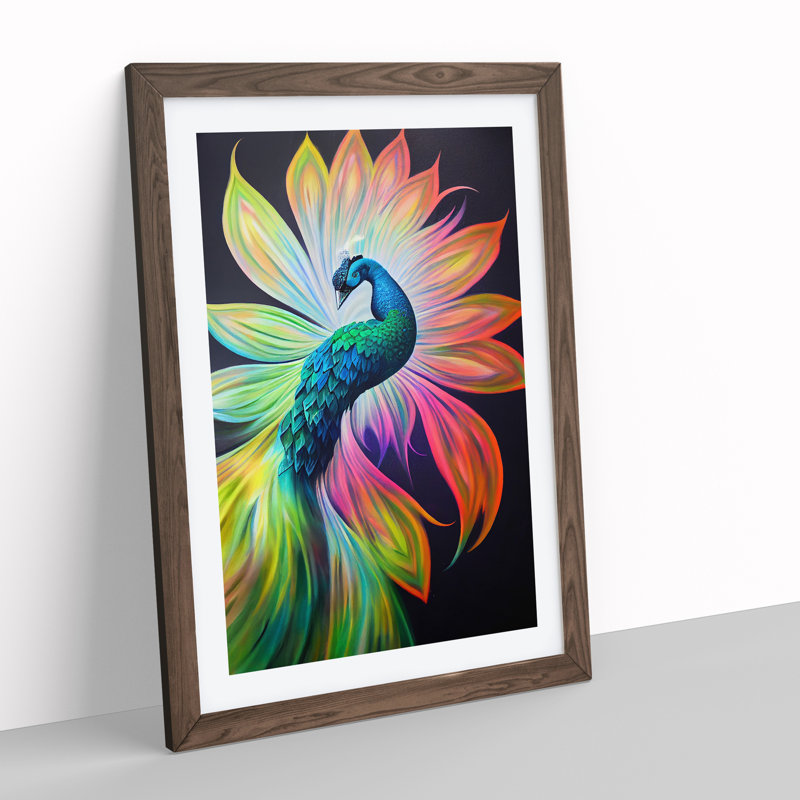 Bold Peacock Art No.1 - Print, 48cm H x 36cm W, Walnut Framed, White