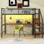 Lit mezzanine double en métal avec bureau, escalier de rangement, petite armoire et lumière DEL, noir