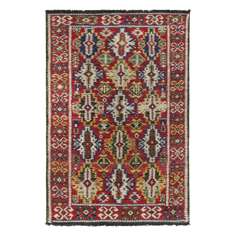 Caucasian Rug In Red, Green And White Geometric Pattern By Rug & Kilim, Rectangle 10' x 14'