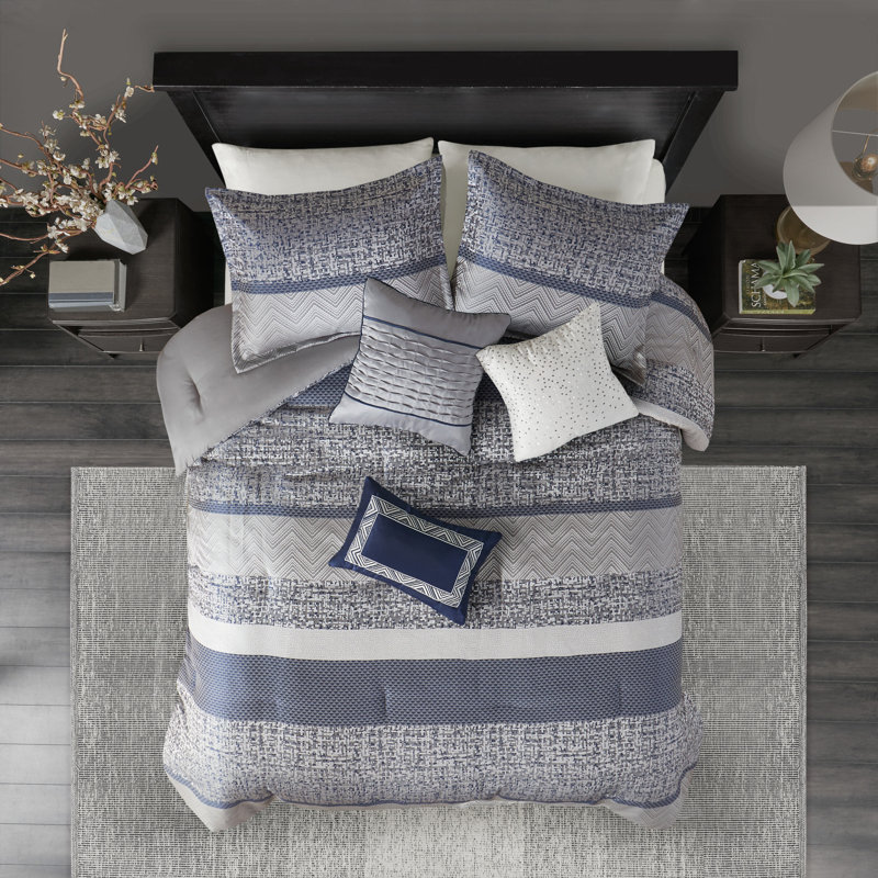 Rhapsody 7 Piece Jacquard Comforter Set, Cal. King Comforter + 6 Additional Pieces, Navy