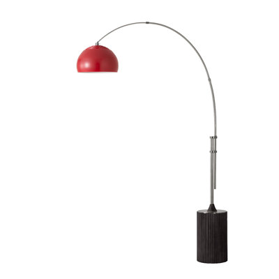 Lampe à arc en demi-dôme 92 po Tambo - nickel satiné, base en chêne noir, feuille d'acier rouge cramoisi, à intensité variable, ampoule incluse
