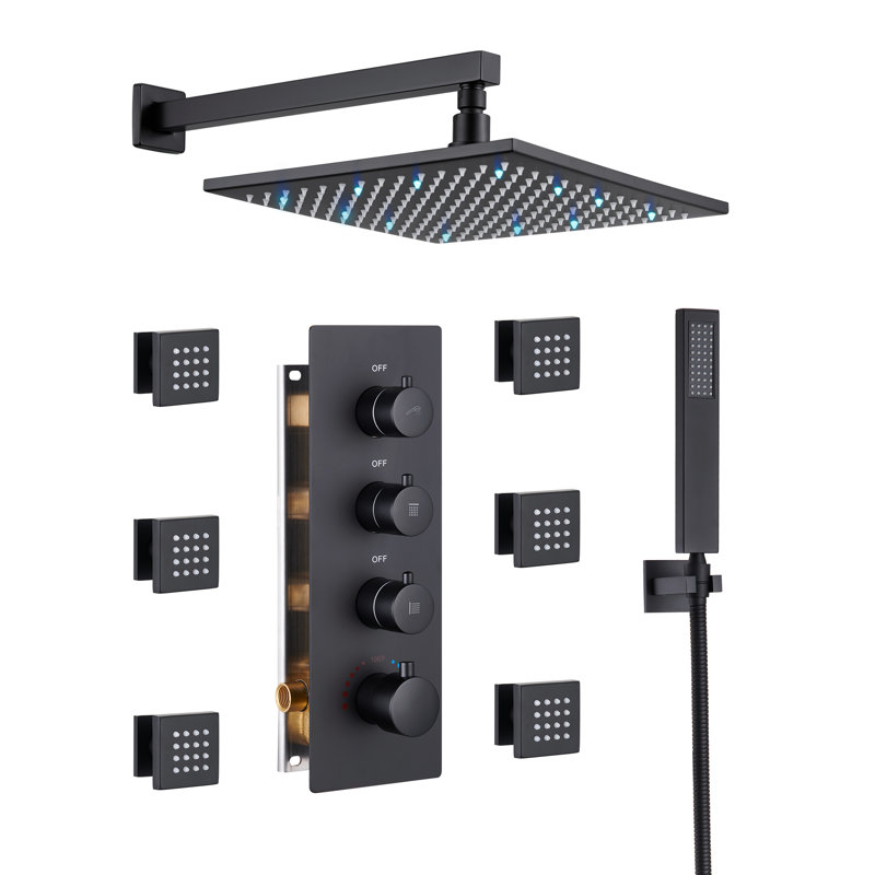 Système de douche Herathena à DEL à 3 fonctions avec 6 jets de corps et valve brute Herathena, Noir mat
