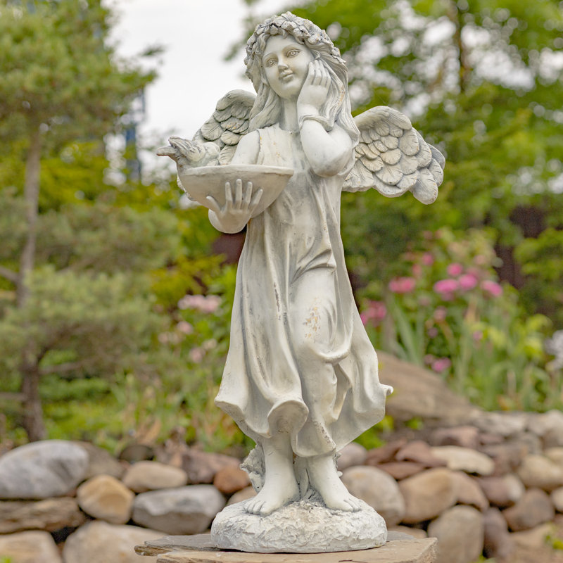 Jazmin Angel with Birdbath Magnesium Garden Statue, Antique White