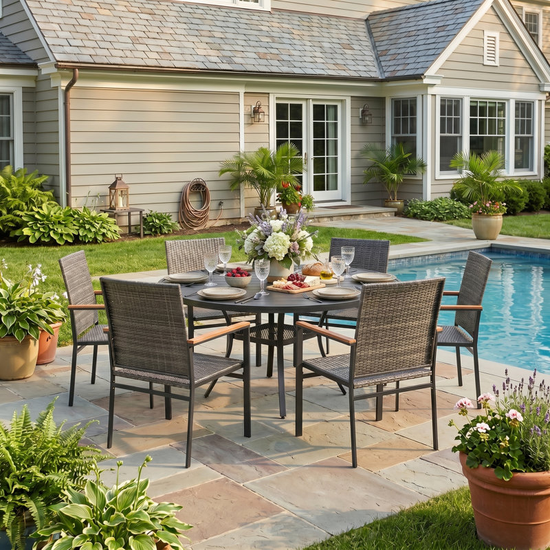 6-Person Patio Dining Set with Metal Round Dining Table and 6 Rattan Armrest Dining Chairs, Black/Brown