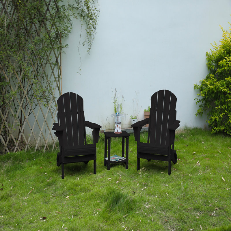 Folding Adirondack Chair With Side Table, 3-Piece Adirondack Chair Set With Wood Texture, Black(Includes 2 Chairs And 1 Table)