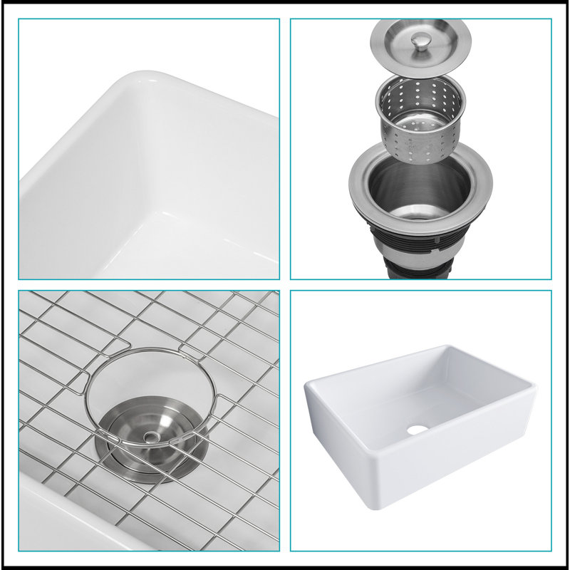 28 White Farmhouse Sink - 28 Inch Kitchen Sink Ceramic Single Bowl With Drain Assembly And Bottom Grid