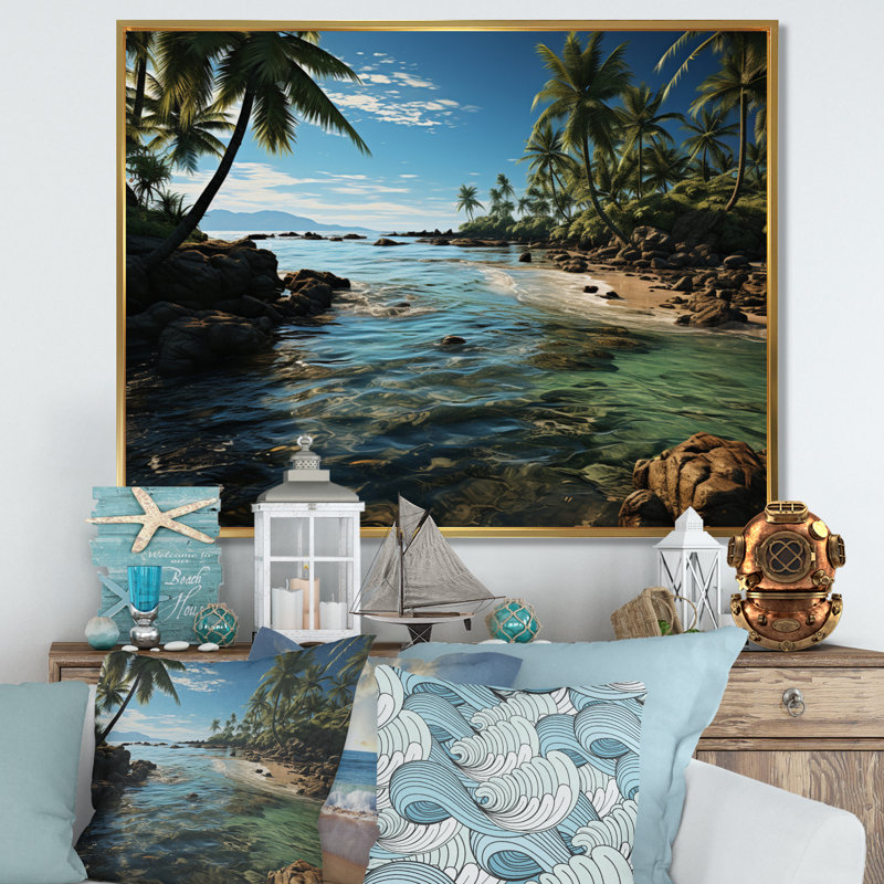 «Amandy Beach Palm Oasis», reproduction sur toile, Cadre flottant doré, H 12 po x l 20 po