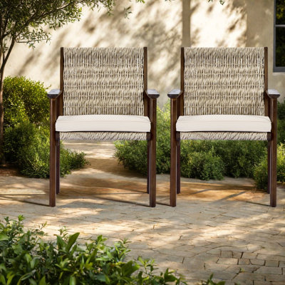 Patio Dining Chairs Set Of 2, Acacia Wood Wicker, Modern Rustic Outdoor