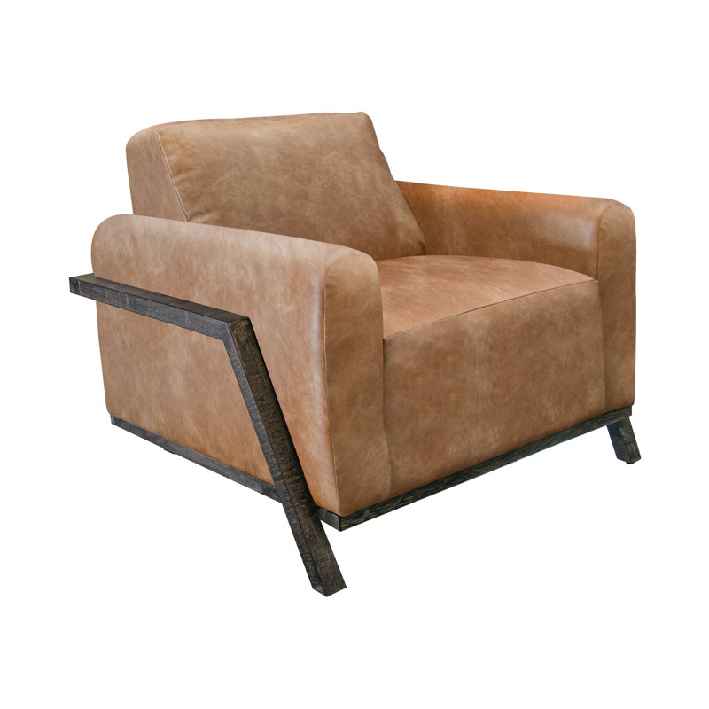 Structure et base en bois Fika, fauteuil en similicuir, Cognac Fika