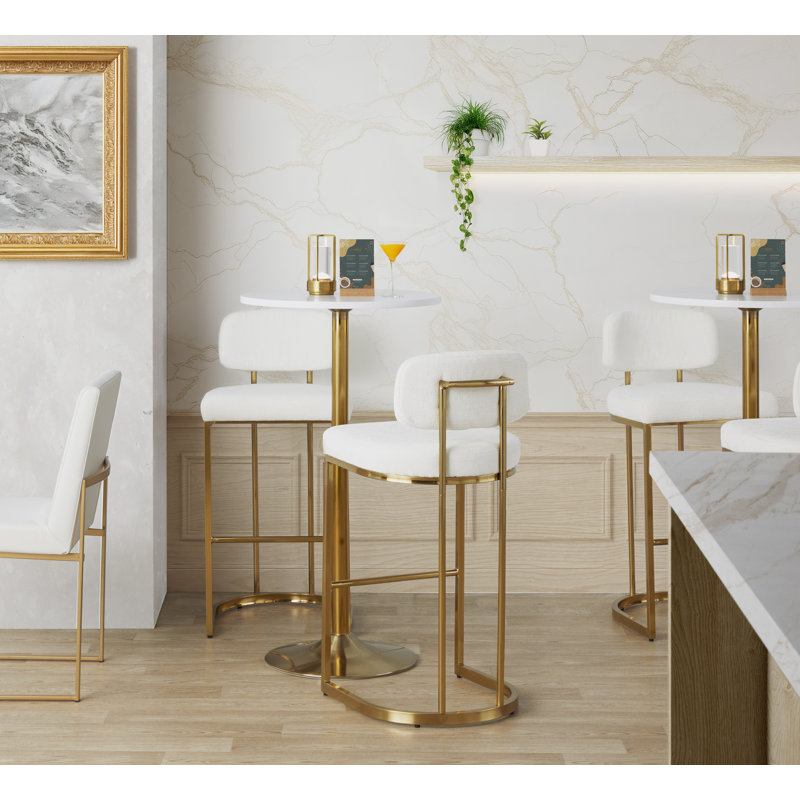 Erma Mid-Back 30" Fixed-Height Bar Stools (Set of 2), Gold, Cream