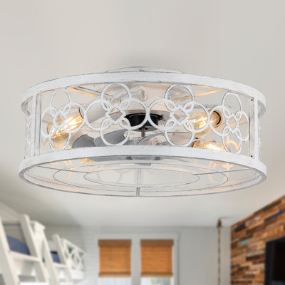 Barney 19" Flush Mount Caged Ceiling Fan with Light and Remote, Low Profile Farmhouse Fandelier