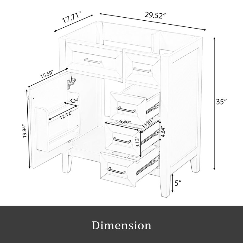 Meuble-lavabo de 30 po sans lavabo, base d'armoire seulement, armoire de salle de bain avec tiroirs, structure solide et panneau de fibres à densité moyenne