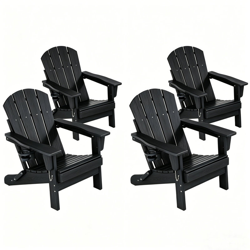 Folding HDPE Adirondack Chair with Cup Holder, Weather Resistant Outdoor Patio Chair, 4 PCS, Black, 4